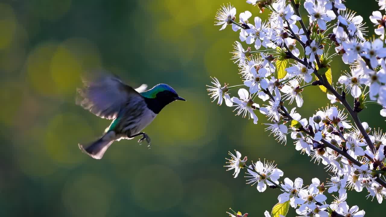A vibrant bird captured mid-flight beside blooming flowers, shot from a side angle
