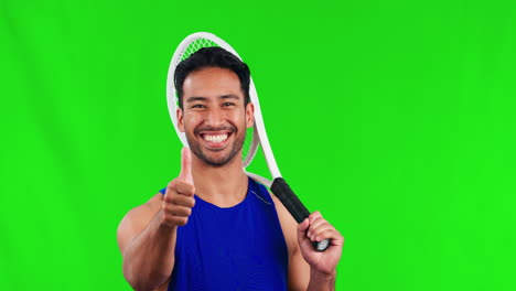 Asian-man,-tennis-and-thumbs-up-on-green-screen