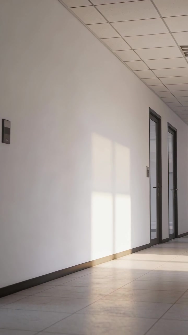 Video verticale: Telecamera che panoramica mostrando la parete di un corridoio d'ufficio con una macchia di sole e porte, con la troupe che si muove.