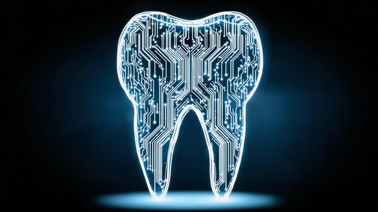 Futuristic Digital Tooth Design Illuminated with Circuit Patterns Representing Advanced Dental Technology and Innovations in Oral Health Care