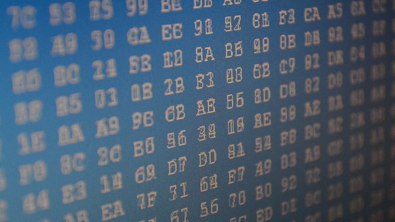 Code on a blue background, binary. Shooting in the long term, code. Hexadecimal program code on screen. Animated background of moving binary code numbers