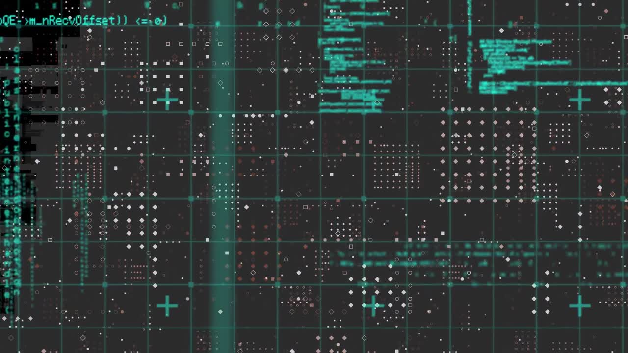 Animation of data processing over grid network against rows dots pattern on black background