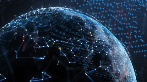 animation of network of connections and round scanners over spinning globe against blue background