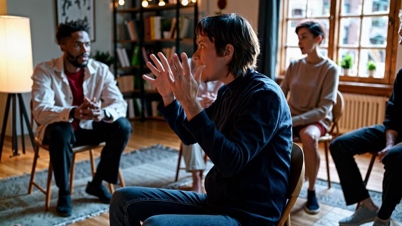 Uma discussão em grupo em uma sala aconchegante, capturada de um ângulo lateral