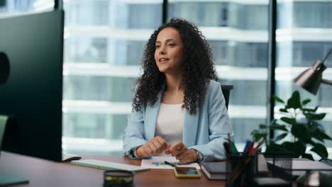woman connecting video conference sitting office close up. girl working online.