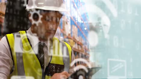 Animation-of-a-man-working-in-a-warehouse-and-using-a-tablet-with-white-icons