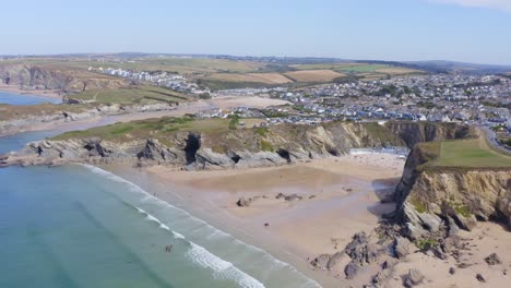 aerial push in over the beaches of lusty gaze, cornwall uk