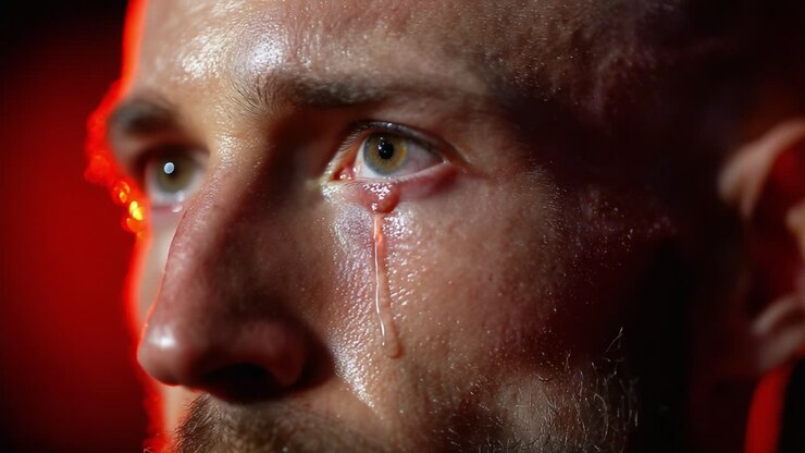 Intense Emotional Moment Captured: A Close-Up of a Person's Face Shedding Tears with Dramatic Lighting Highlighting Their Expression