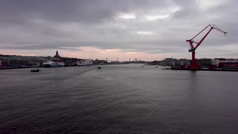 aerial view of harbor in gothenburg, sweden from drone on a cloudy and grey day