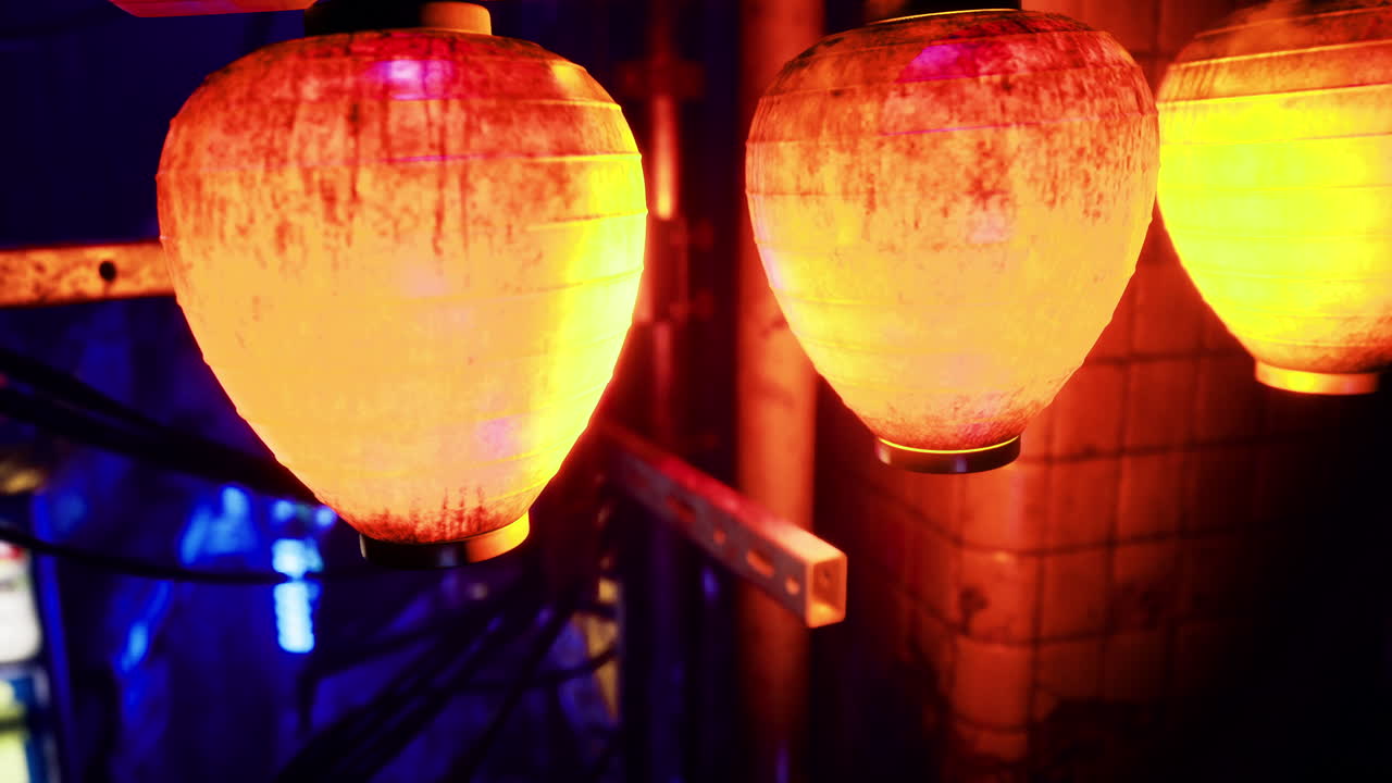 Vibrant lanterns illuminate a lively street at night in an urban setting