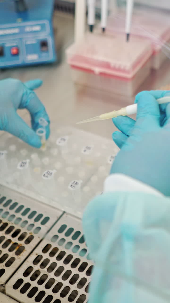 Laboratory assistant working with test tubes. Female hands in protective gloves filling vials with liquid by a special plastic tube in the laboratory. Vertical video
