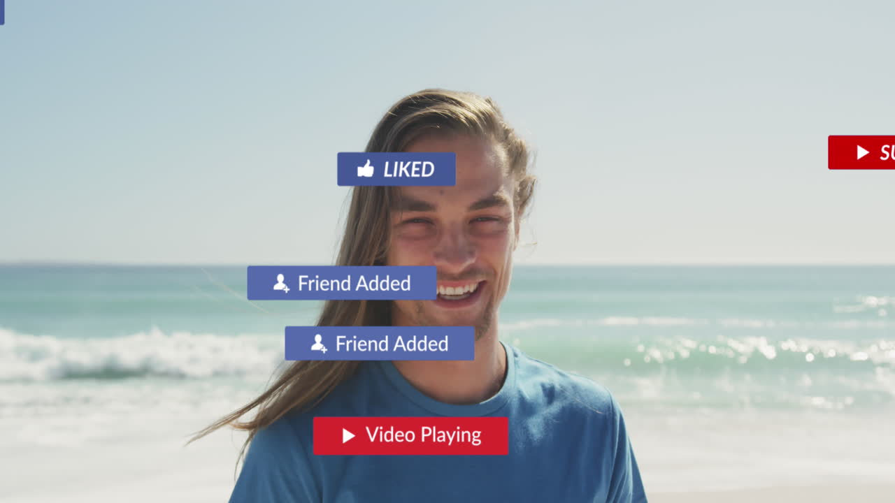 해변에 있는 백인 남성에 대한 소셜 미디어 텍스트와 아이콘의 애니메이션