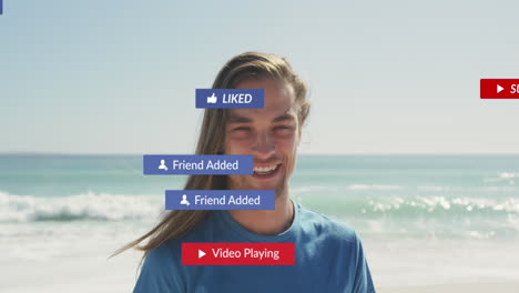 animación de texto e iconos de las redes sociales sobre el hombre caucásico en la playa