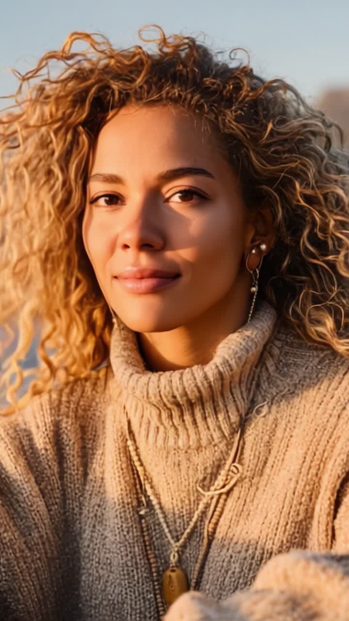 A Serene Moment of Reflection: A Young Woman Enjoys a Calm Sunrise by the Water, Embracing Nature's Beauty with Peace and Serenity