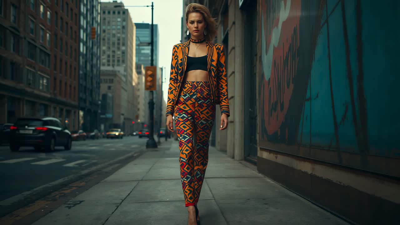 Entering female model wearing patterned suit walking along sidewalk past traffic light and mural