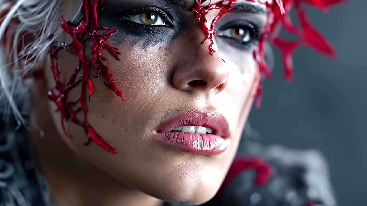 A woman with blood on her face and red feathers on her head