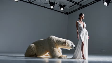 mujer con vestido blanco con oso polar en el estudio