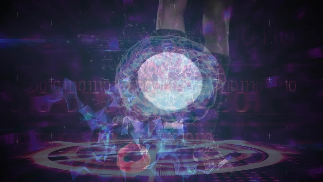 Cerebro digital con balón de rugby brillante y animación de datos abstractos