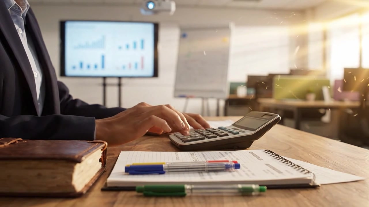 Spazio di lavoro professionale con una calcolatrice, un taccuino e grafici visualizzati su uno schermo, che enfatizza la produttività e le attività analitiche in un ambiente aziendale.