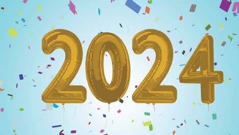 animación de 2024 números de globos de oro con confeti sobre fondo azul