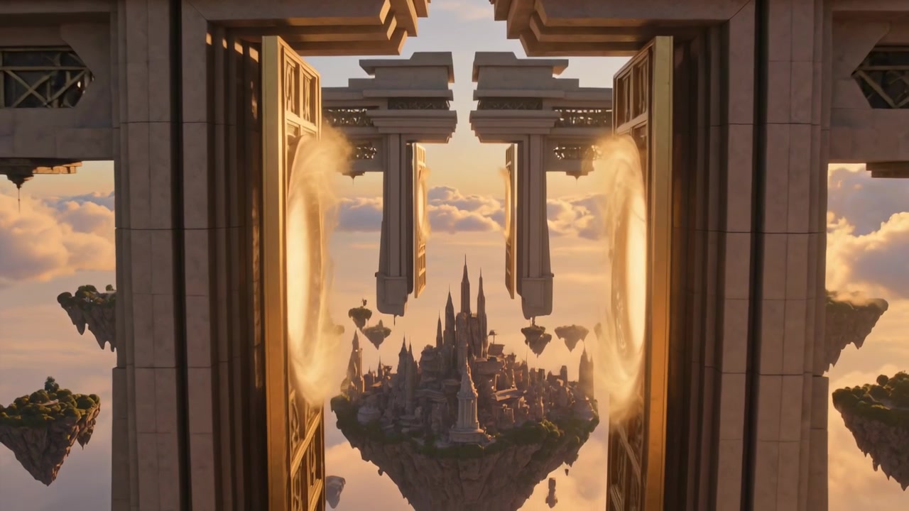 Abriendo las puertas de un portal, la luz del sol asciende, revelando un castillo, islas sobre las nubes y portales que se forman.