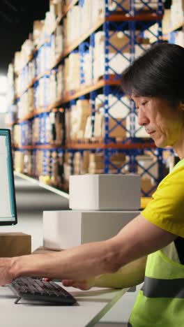 vertical video man in hi vis vest reviews shipment details on awb tags for dispatch