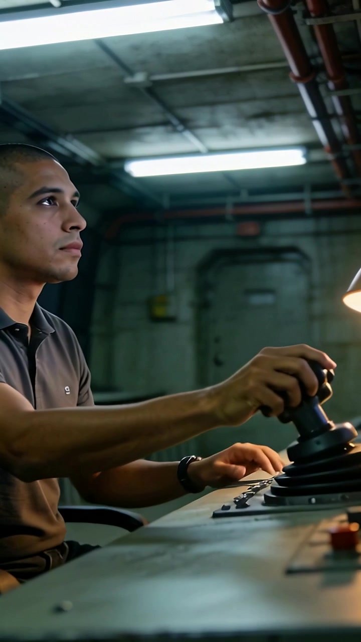 Vertical video: Seeing light, man in dark polo using joystick steering system at console
