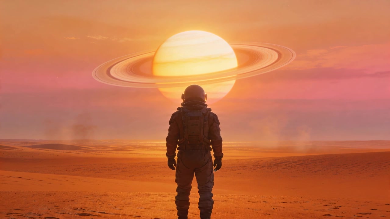 Starter en sakte kamerakjøring mens en hjelmkledd astronaut tråkker på en sanddyne og observerer en ringet stjerne.