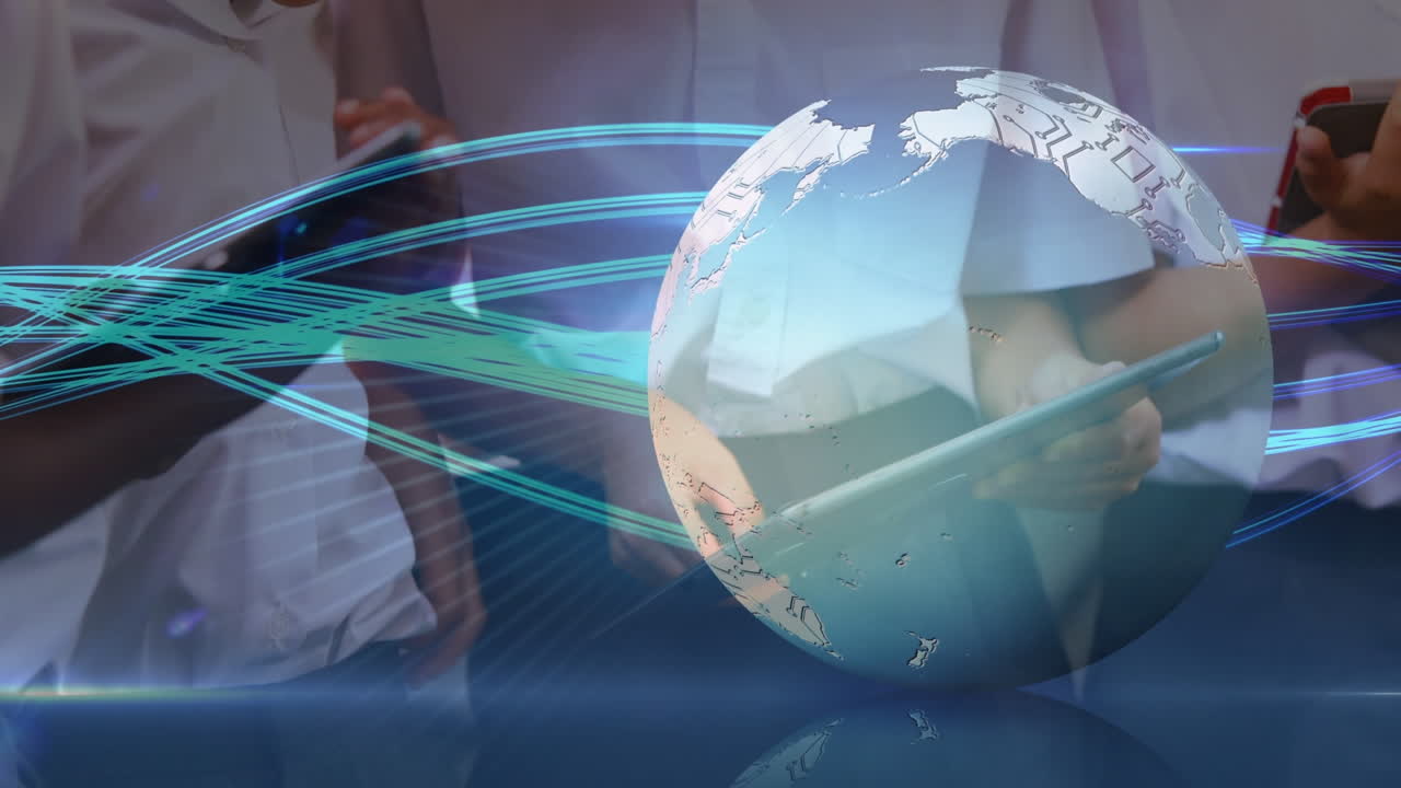 태블릿을 사용하는 다양한 학교 학생들에 대한 연결 네트워크와 지구의 애니메이션