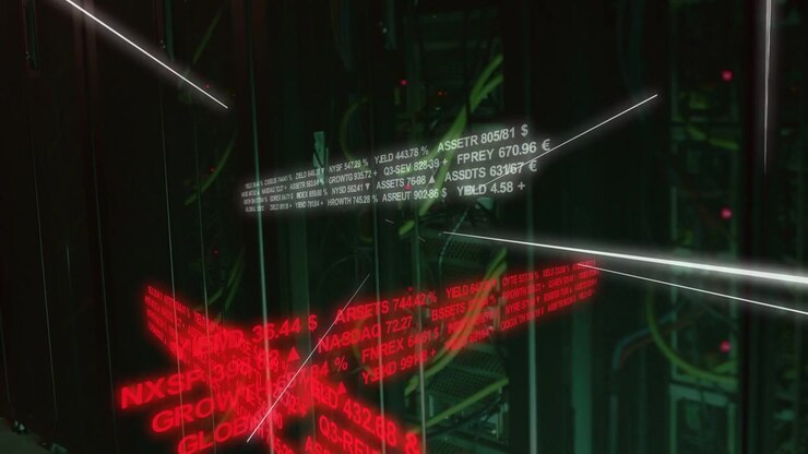 White and red data panels drifting camera rotating inward laser streak cutting showing finance data