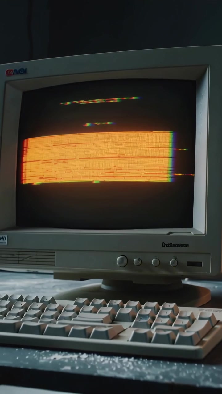 Vertical video: Powering on, CRT monitor showing growing orange band on dusty desk with keys, tape