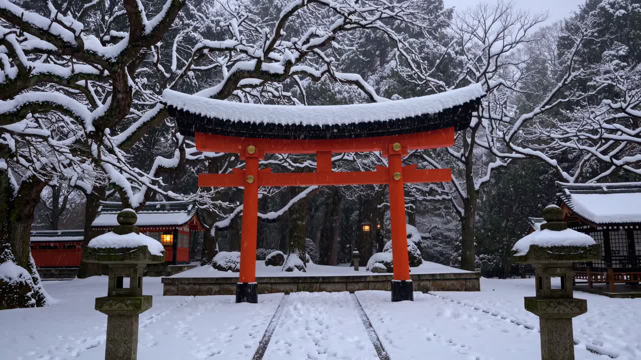 A serene winter scene of a snow-covered Japanese torii gate, captured from a low angle, perfect