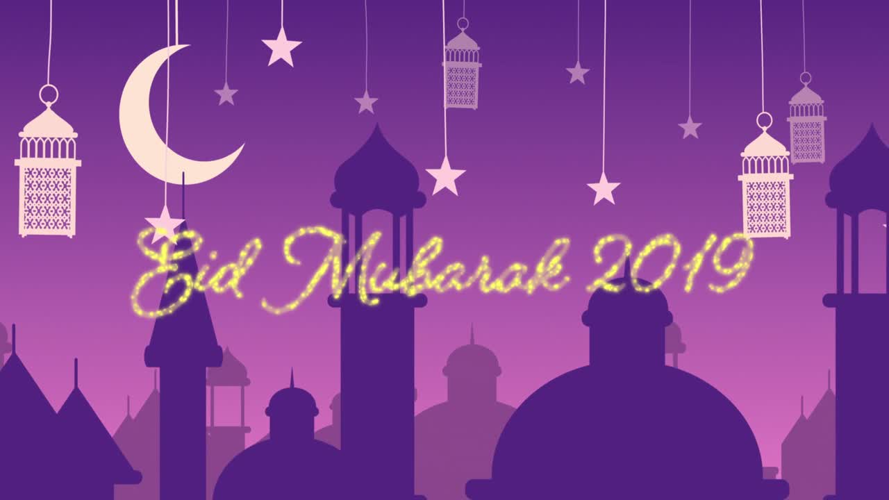 brillante felicitación de eid mubarak para 2019 con mezquitas y linternas con luna y estrellas