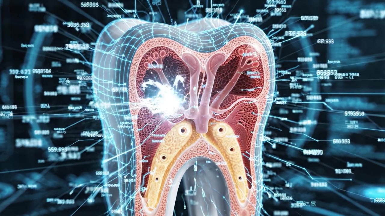 A Detailed Visualization of a Digital Tooth Model Surrounded by Futuristic Data Interfaces Showcasing Dental Technology and Innovations in Oral Health