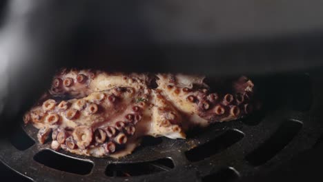 handheld dolly in close up shot of delicious smoked octopus in the barbeque smoke chamber with the lid slowly closed down by a male hand