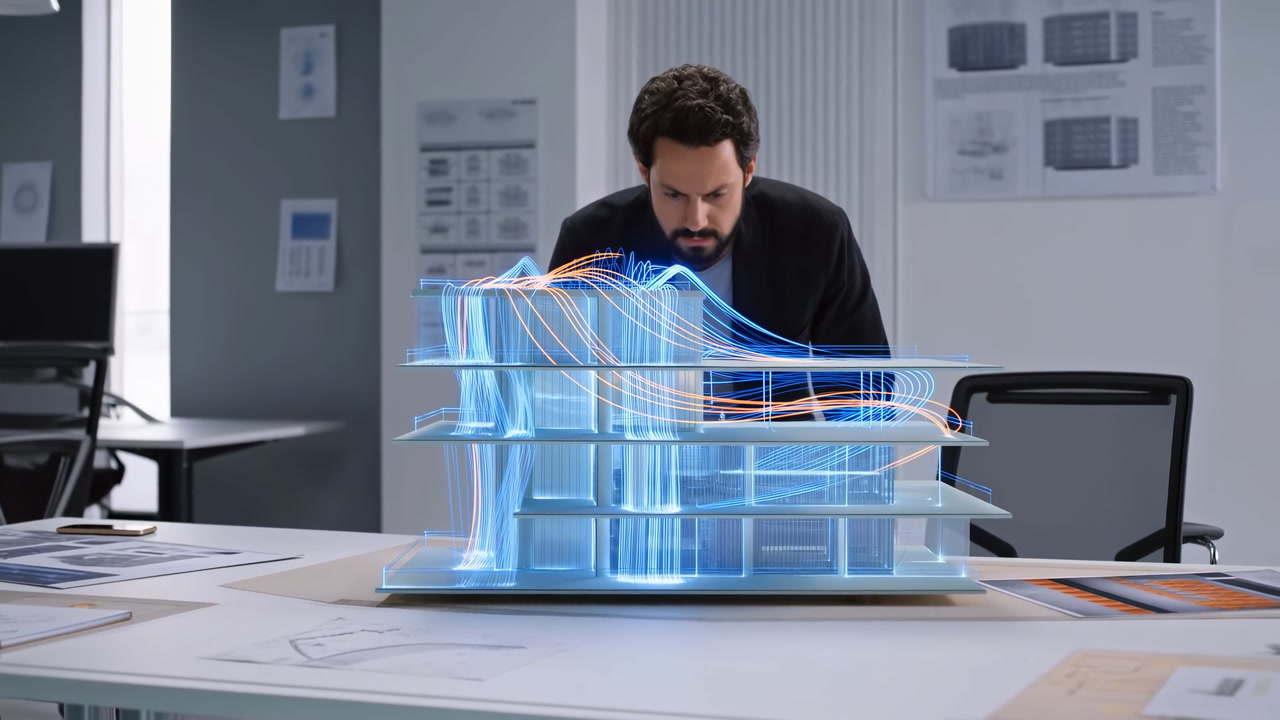 Caucasian Architect Examines Hologram Building Model On Table In Modern Studio, Analyzing Layered Light