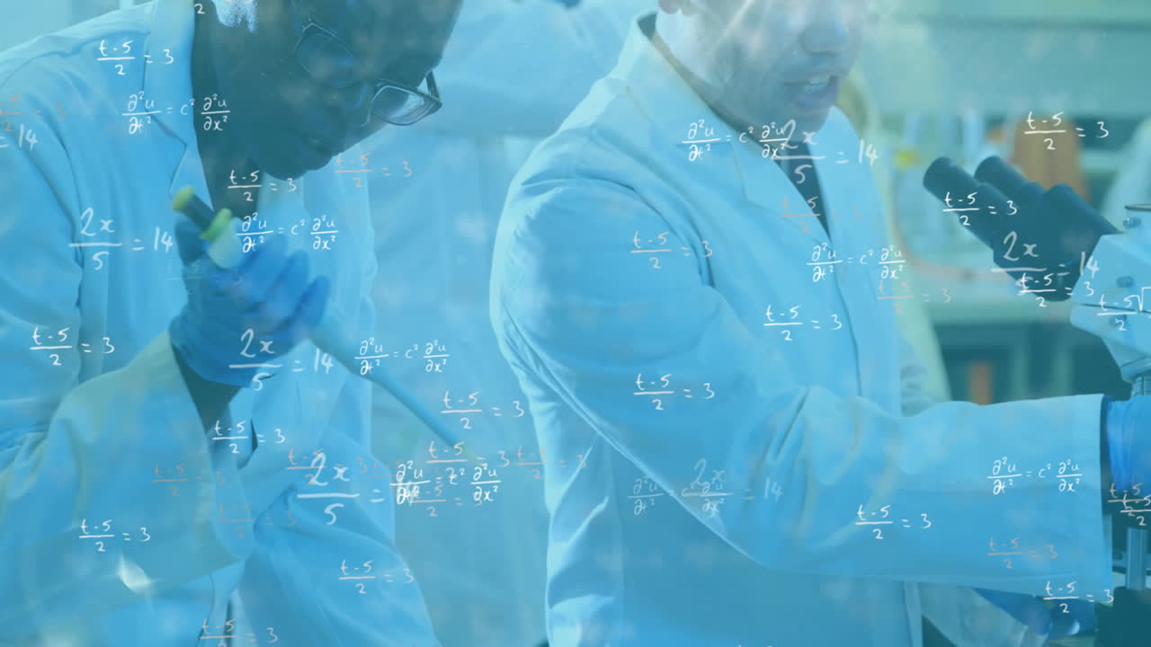 animação de equações matemáticas sobre diversos cientistas do sexo masculino fazendo experiências