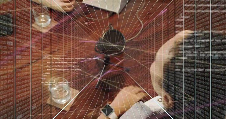 Podcast hosts tapping and pointing mic while animating wireframe grid for interactive data display
