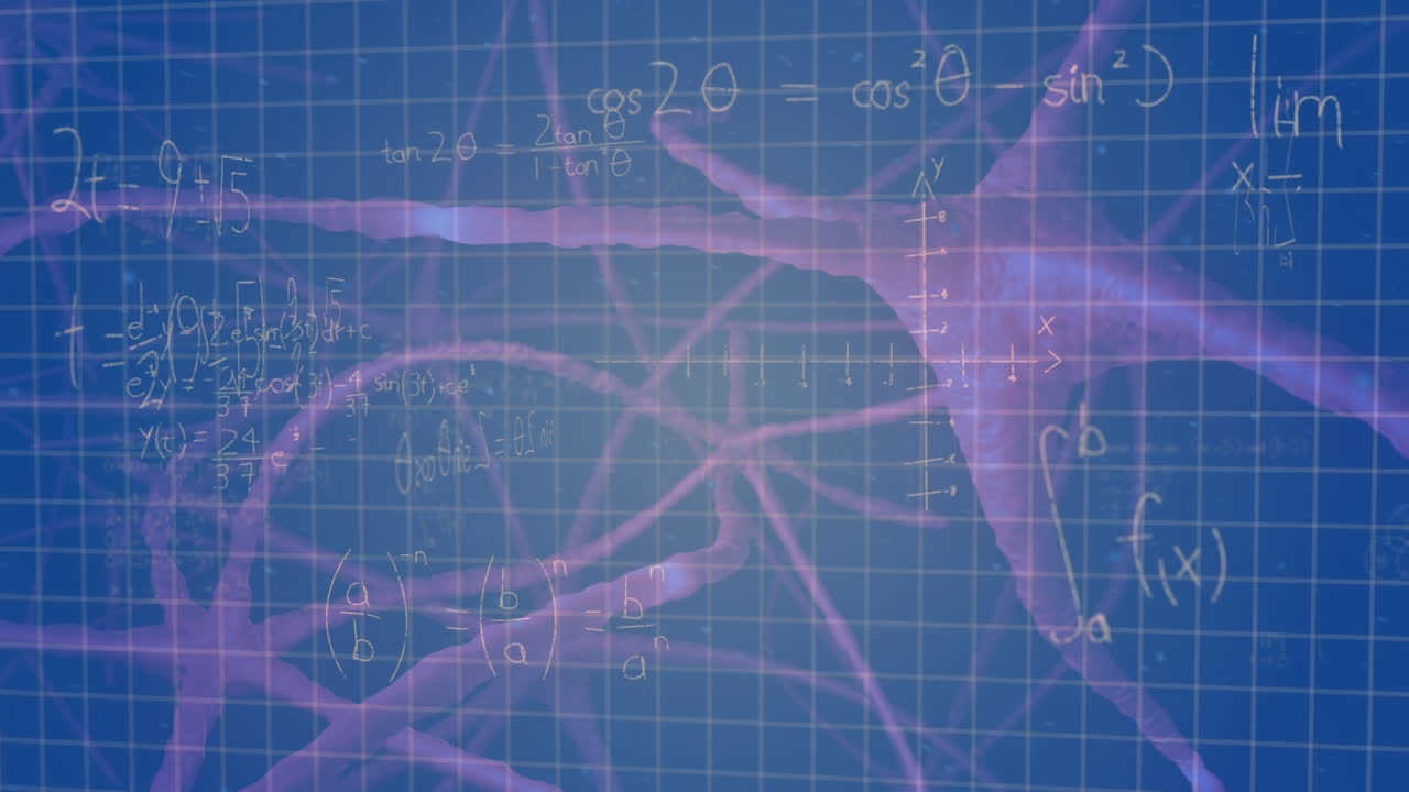 검은색 배경에 디지털 뉴런을 통해 수학적 방정식의 애니메이션