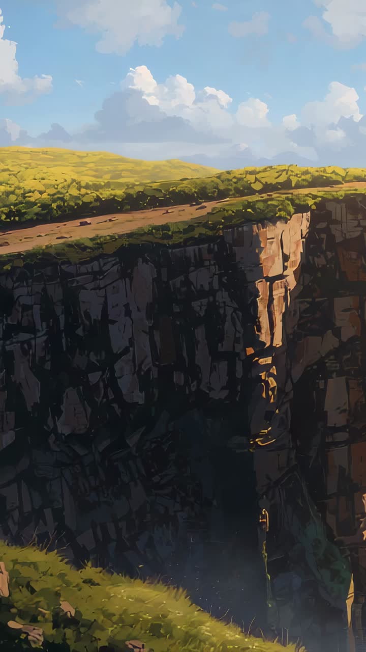 Vertical video: Tilting camera on plateau showing cliff and ridge with dirt path, exposing chasm