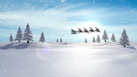 Animation-of-snow-falling-over-santa-claus-in-sleigh-with-reindeer-and-winter-landscape