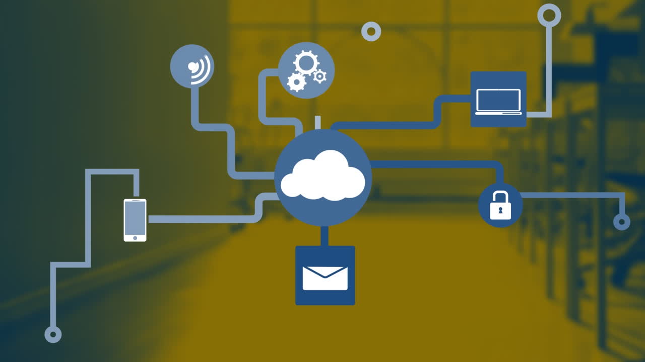 animación de una red de iconos digitales contra un café vacío