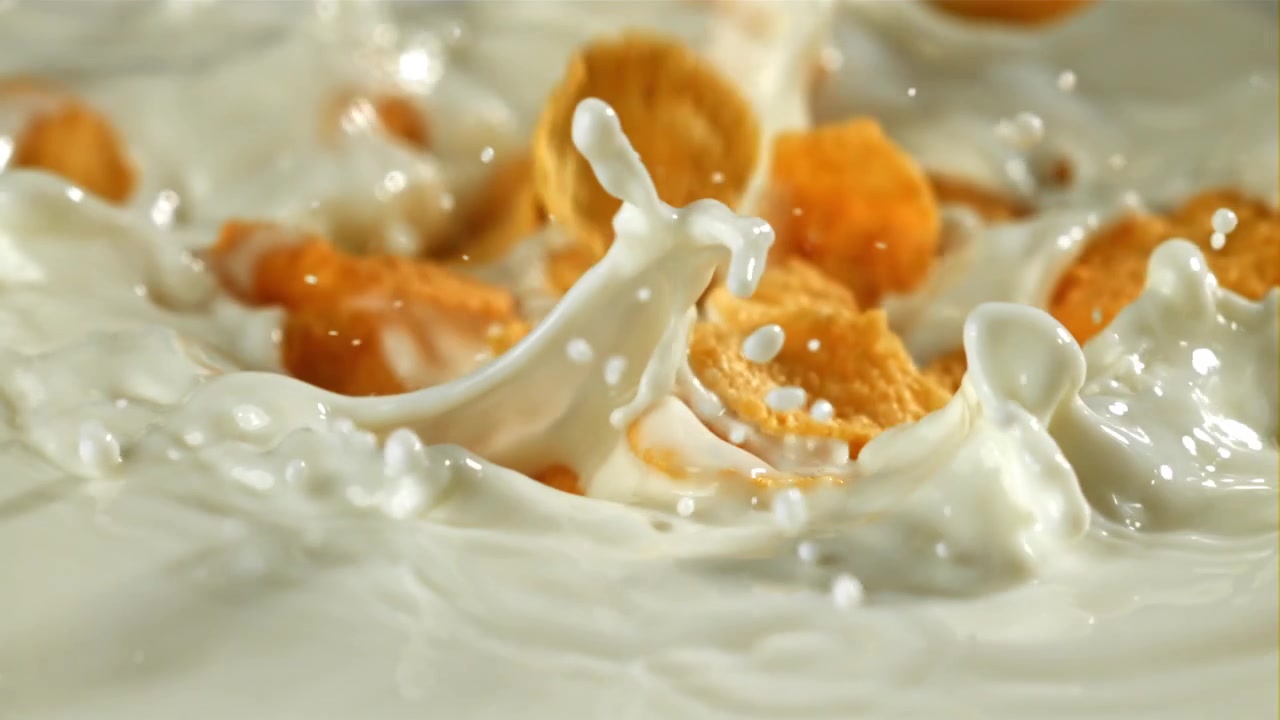 Cornflakes che schizzano nel latte fresco al rallentatore