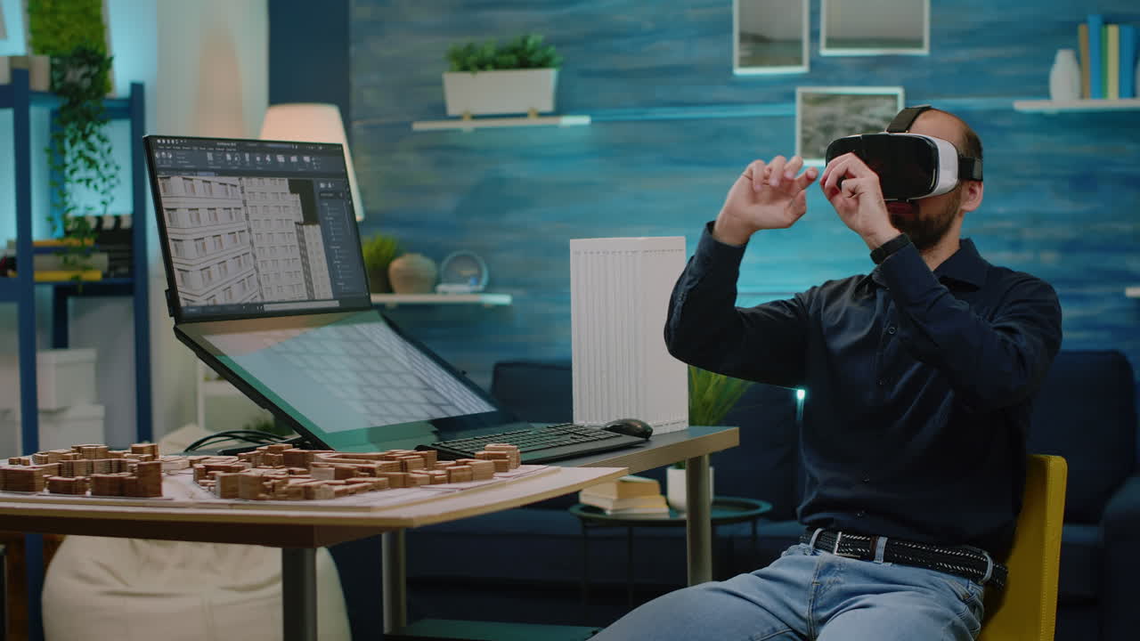 Architect using vr glasses for building model design