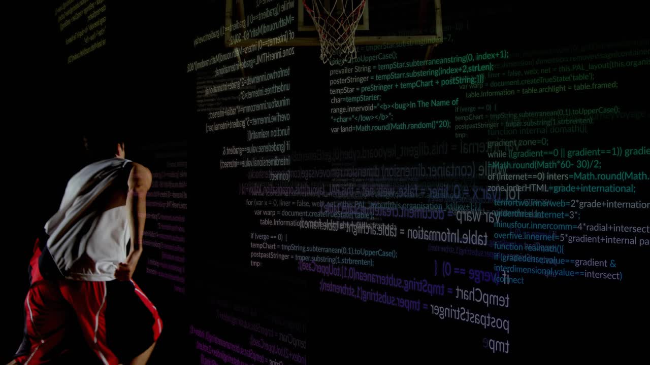 Basketball player seeing ball bouncing onto court dribbling dunking amid sports tech code panels