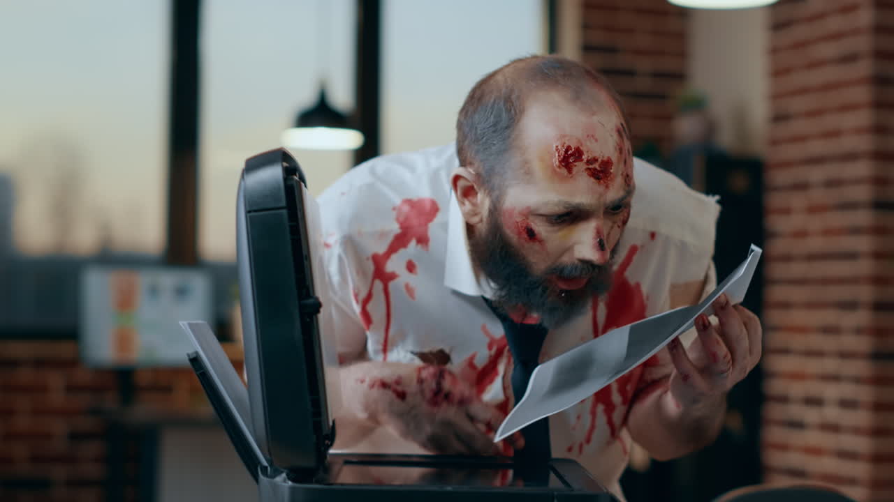 Dumb brain-eating monster with blood on clothes photocopying his own face