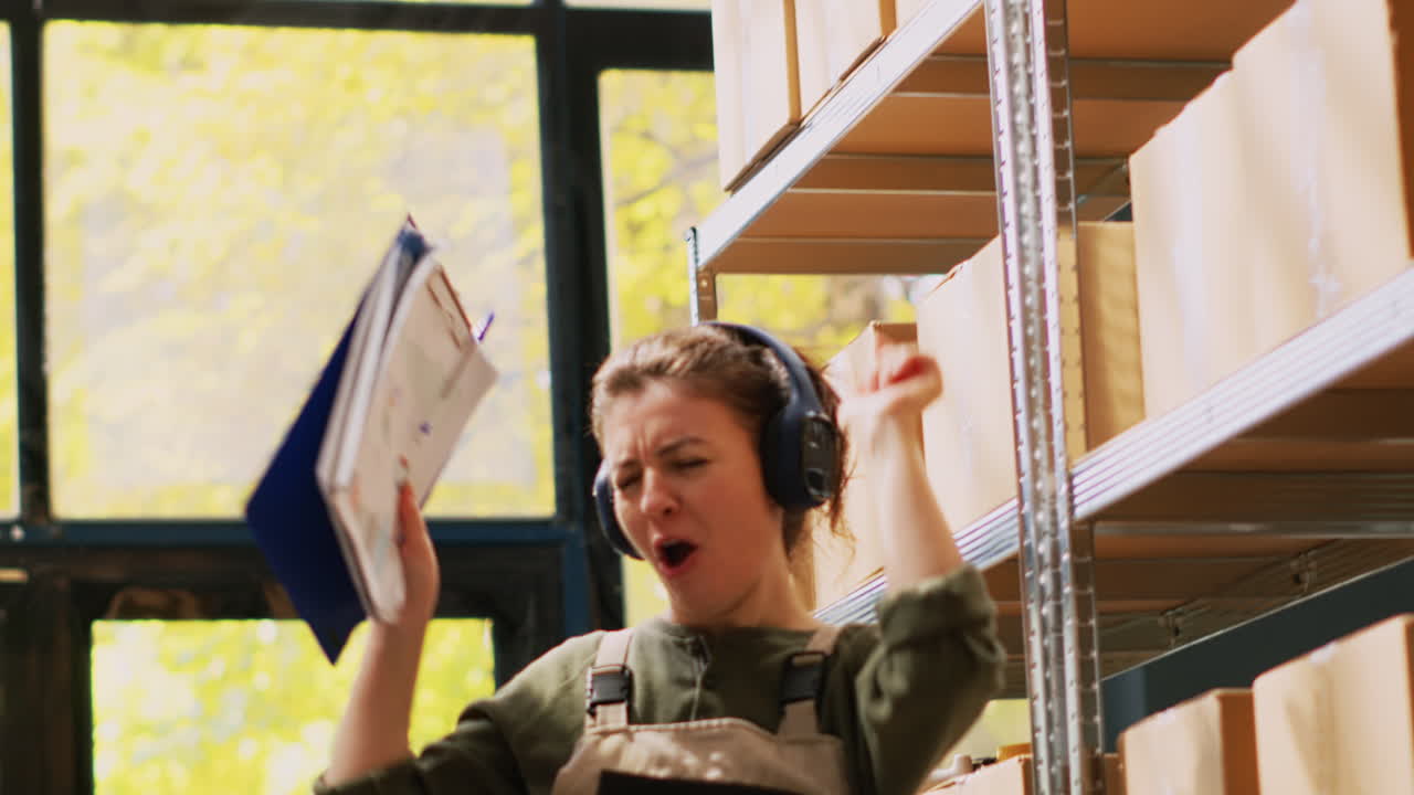 Woman with headphones in warehouse