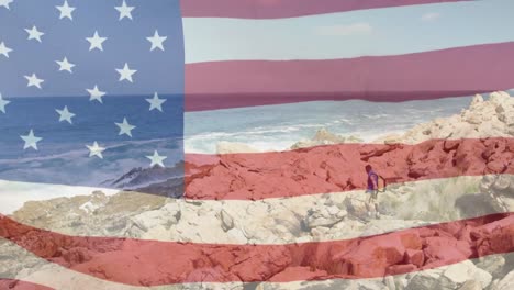 Animation-of-american-flag-moving-over-man-hiking