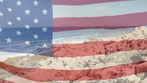 animation of american flag moving over man hiking