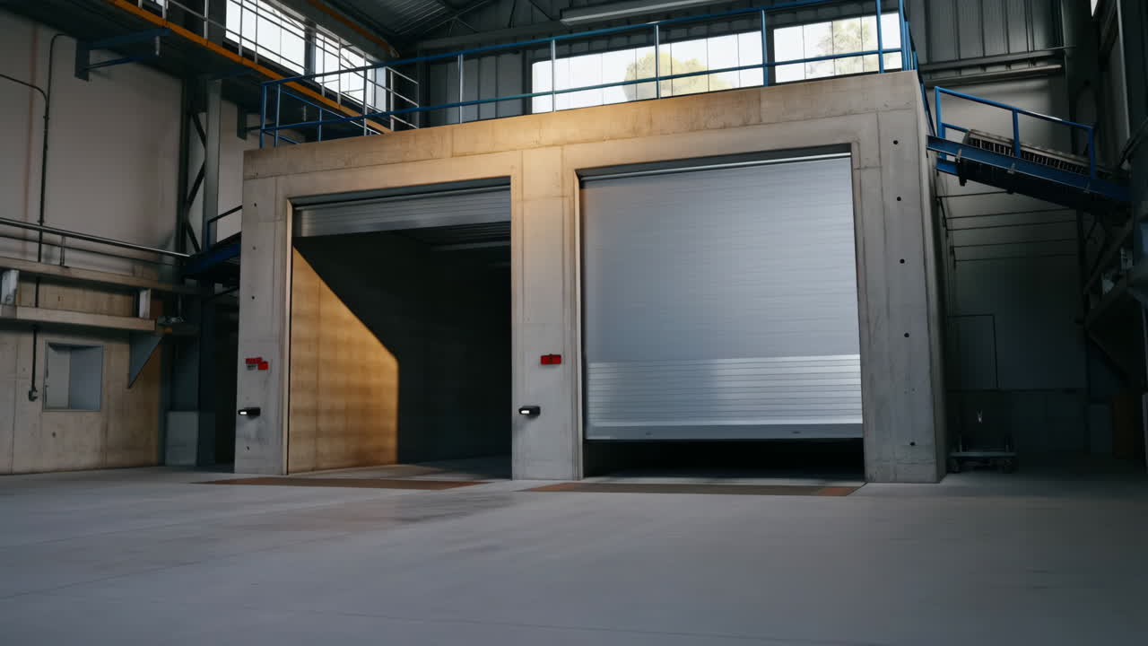 Interior of an empty industrial warehouse with two concrete structures and roll-up doors